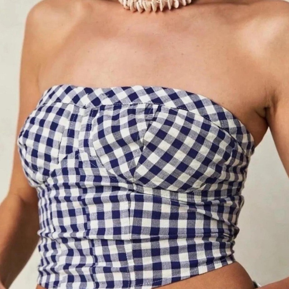 Free People Leilani Blue and White Gingham Strapless Top
